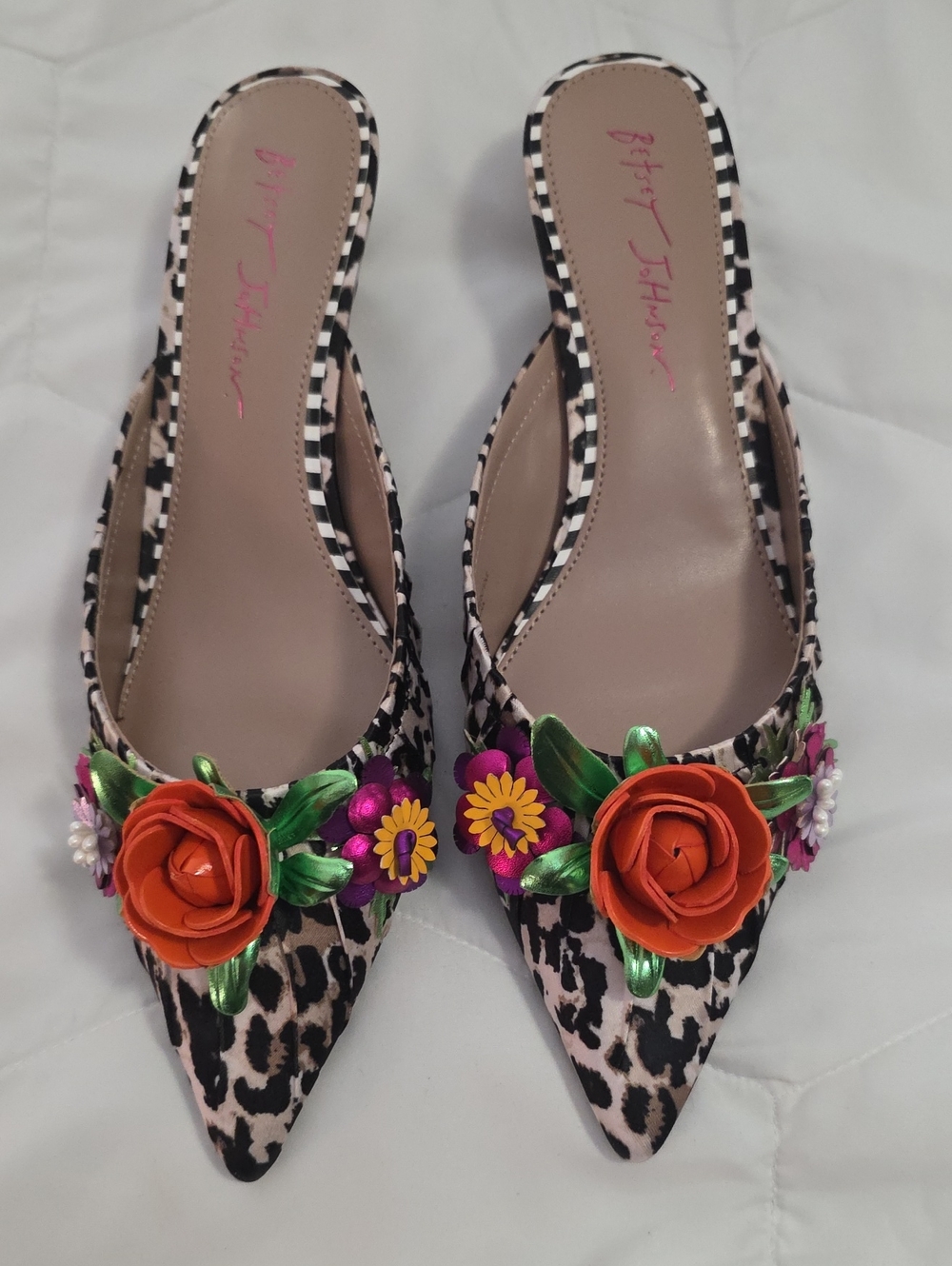 Betsey Johnson Leopard Pointed Mules with Orange Floral Accents